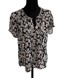 Daniel Rainn Womens Medium Black White Floral Short Sleeve Blouse Top